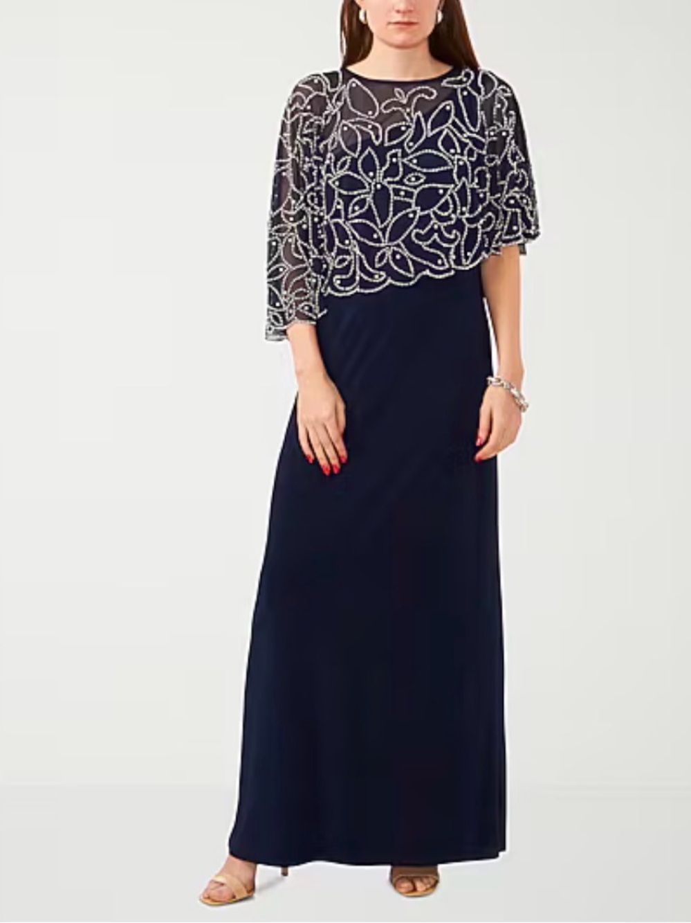 MSK Womens Round Neck Short Sleeve Cape Fitted Gown navy